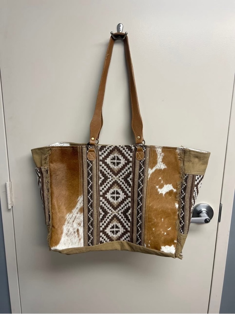 Myra Bag Brown & White Patterned Tote with Tan Handles
